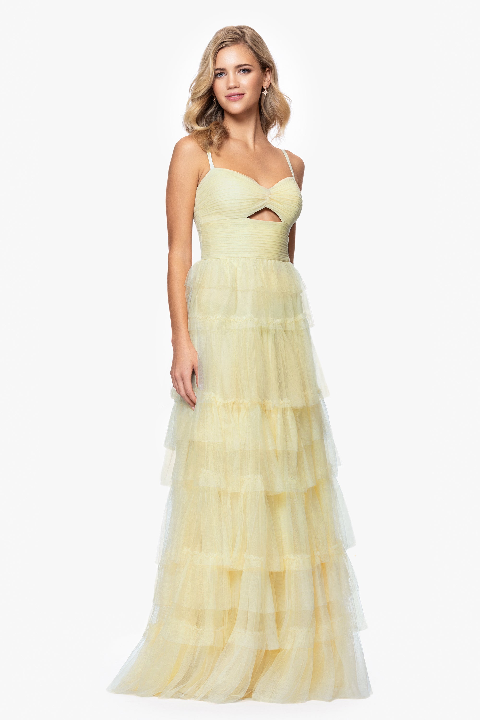 &quot;Tyler&quot; Long Mesh Tiered Spaghetti Strap Gown