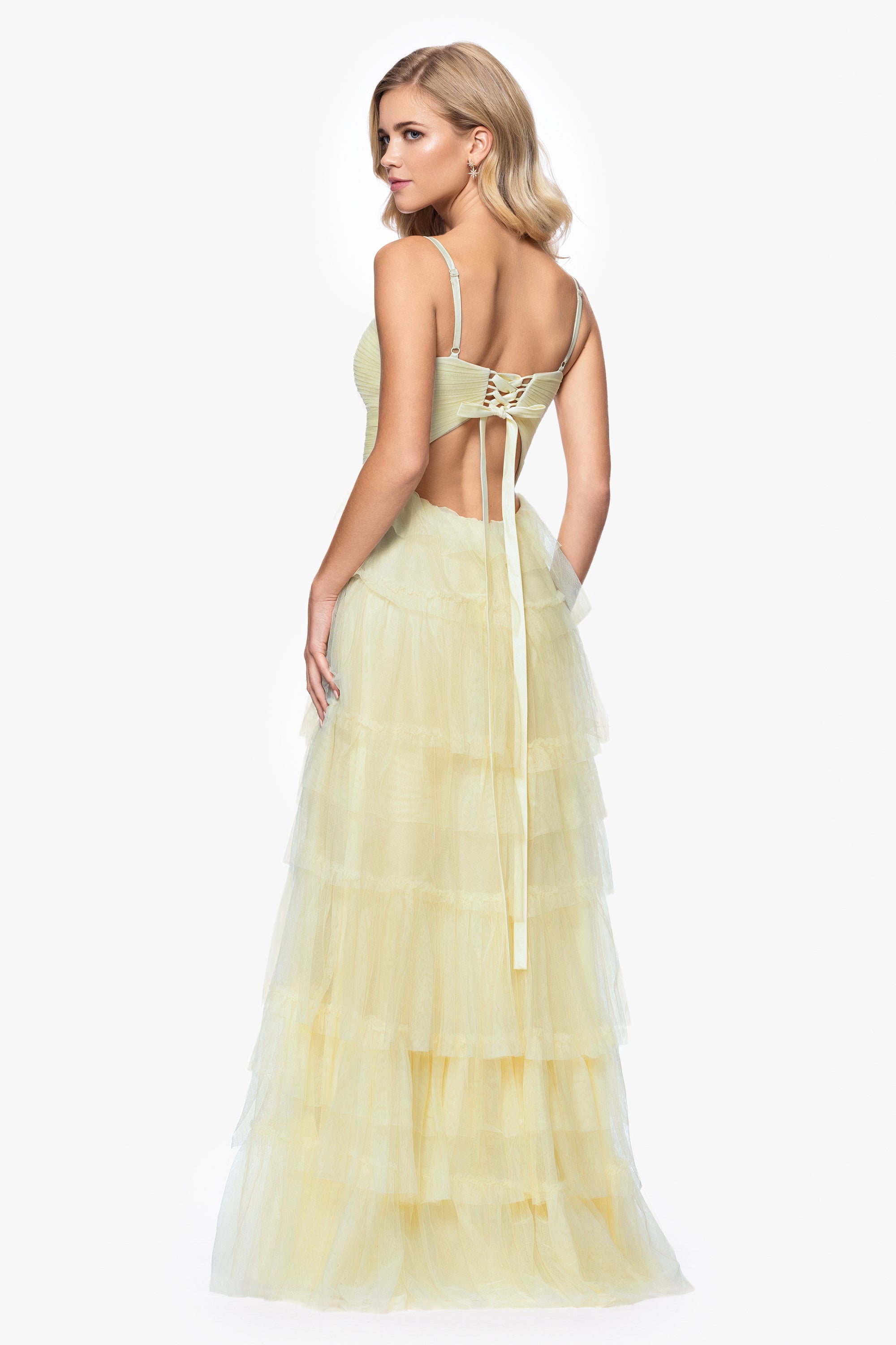 &quot;Tyler&quot; Long Mesh Tiered Spaghetti Strap Gown