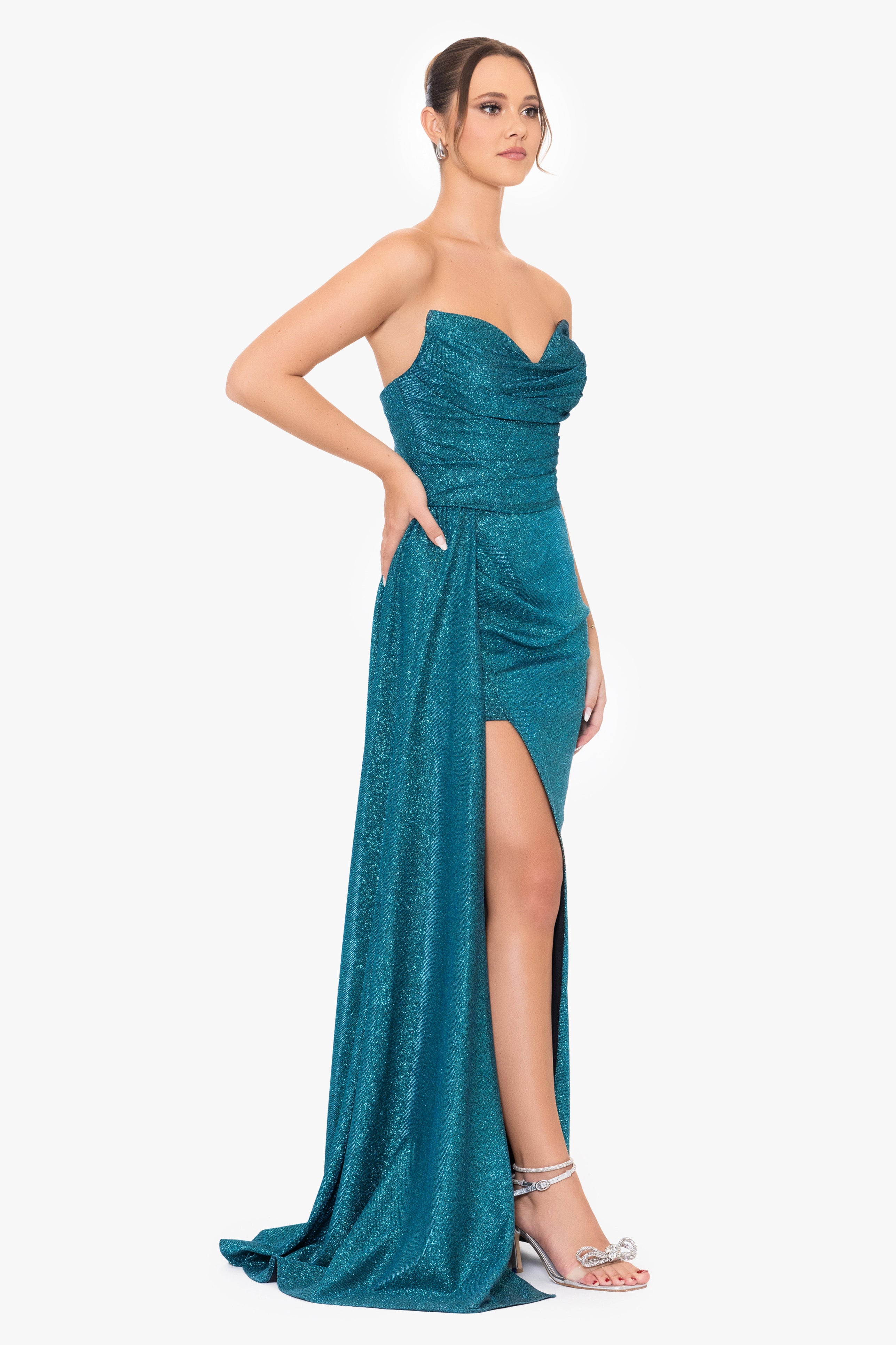 &quot;Jaqueline&quot; Long Bond Glitter Side Rouched Dress