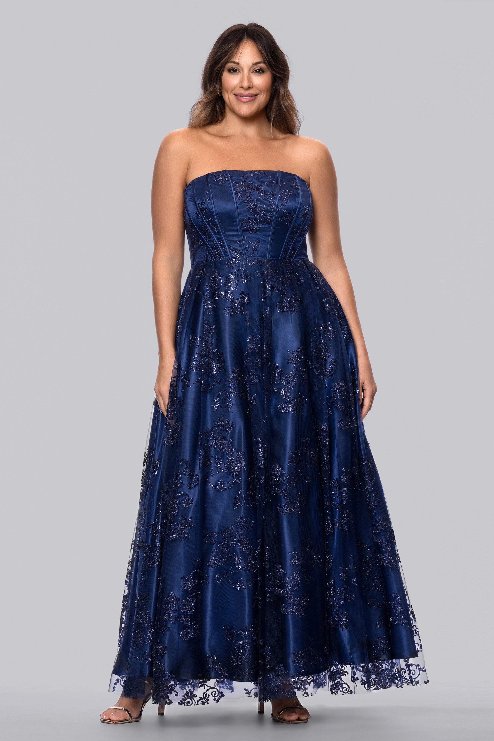 Plus Tori Strapless Glitter Mesh Corset Gown Navy / 14W Plus Tori Strapless Glitter Mesh Corset Gown Navy / 14W