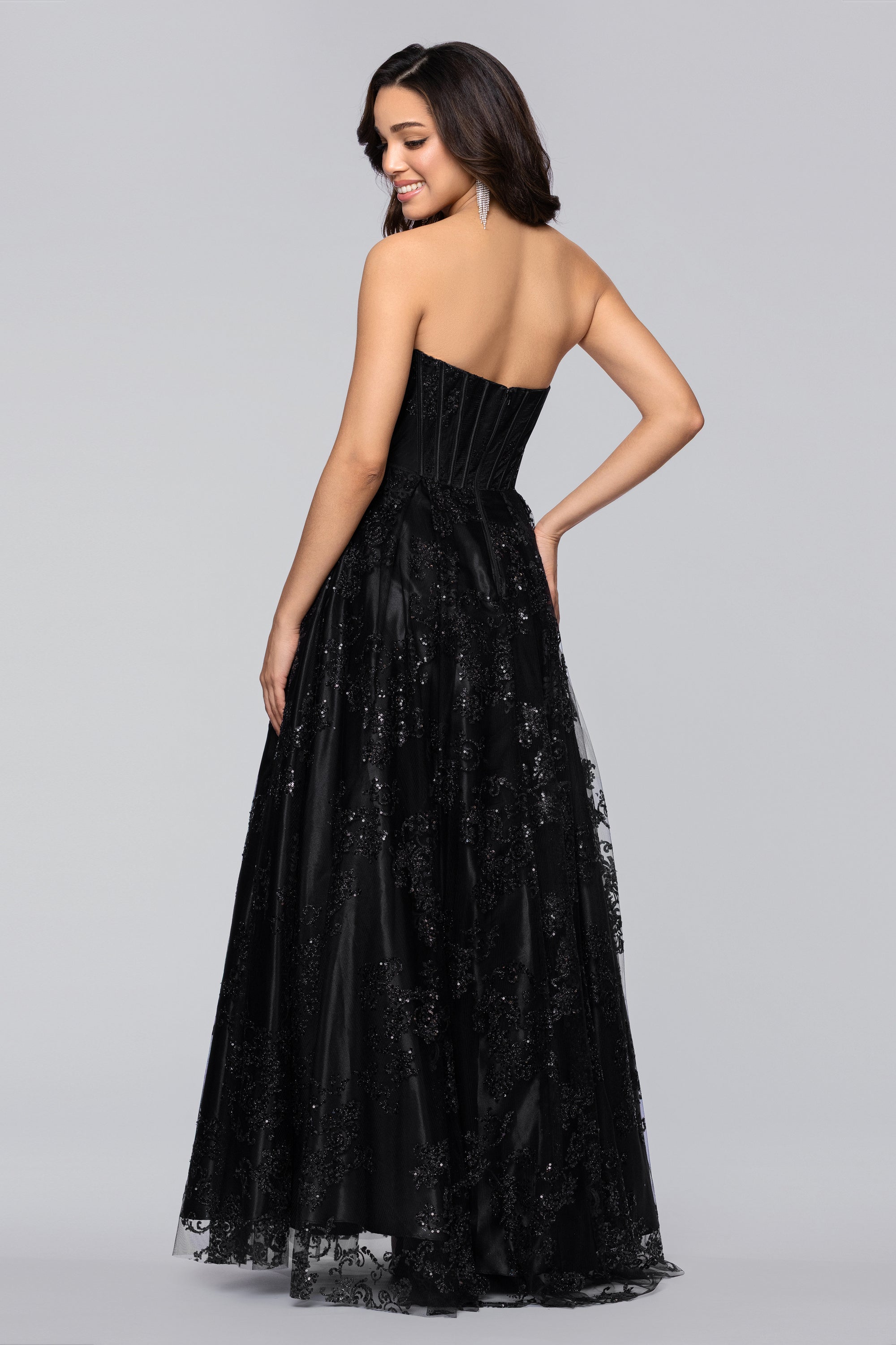 Blondie Nites Tori Strapless Glitter Mesh Corset Gown - Black / 0 Blondie Nites Tori Strapless Glitter Mesh Corset Gown - Black / 0