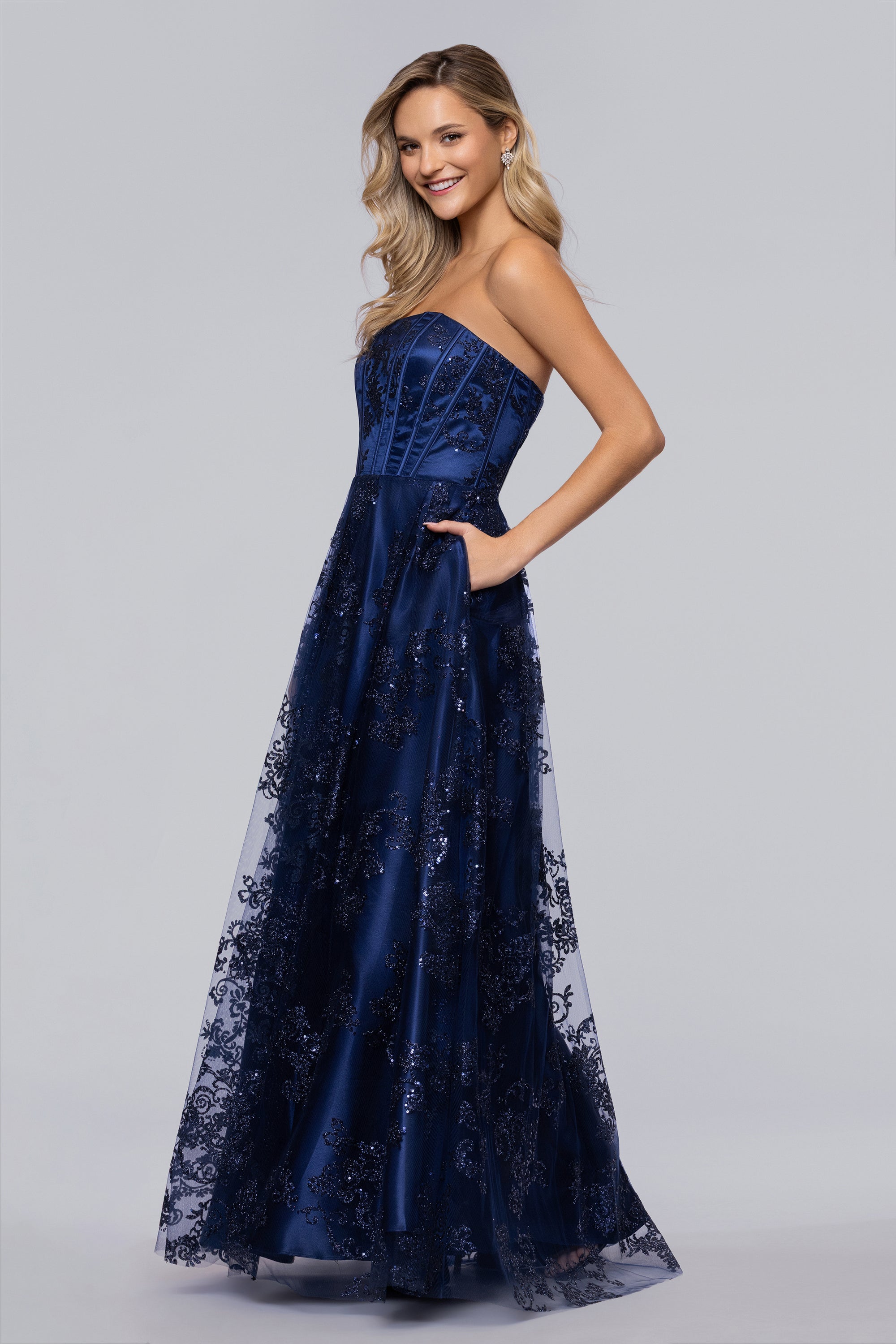 Tori Strapless Glitter Mesh Corset Gown - Navy / 11 Tori Strapless Glitter Mesh Corset Gown - Navy / 11