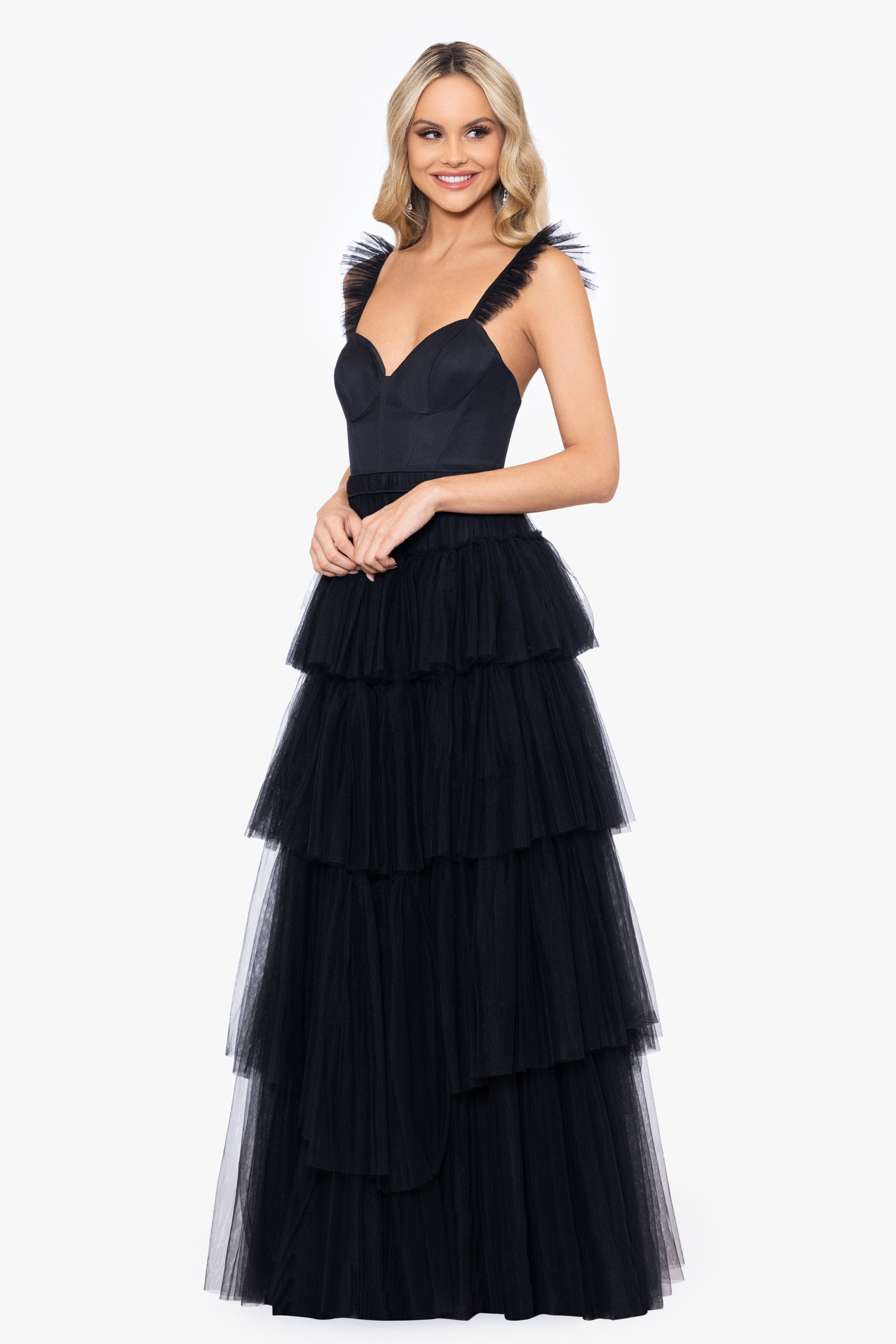 &quot;Gia&quot; Tiered Mesh Ballgown