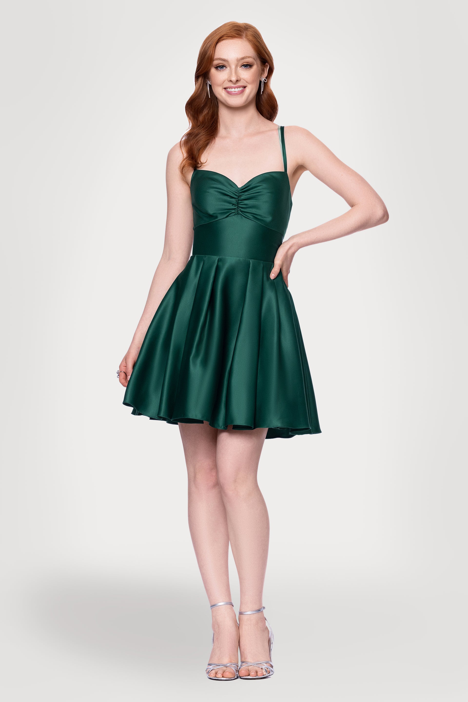green satin dress short Zapakasa Women Sage Green Satin Corset Short Homecoming Dress with Lace  Spaghetti Straps Tight Ruched Cocktail Dress with Slit main image 1