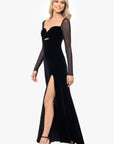 "Valerie" Sheer Long Sleeve Floor Length Velvet Dress