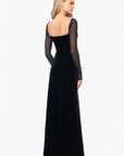 "Valerie" Sheer Long Sleeve Floor Length Velvet Dress