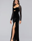 "Valerie" Sheer Long Sleeve Floor Length Velvet Dress
