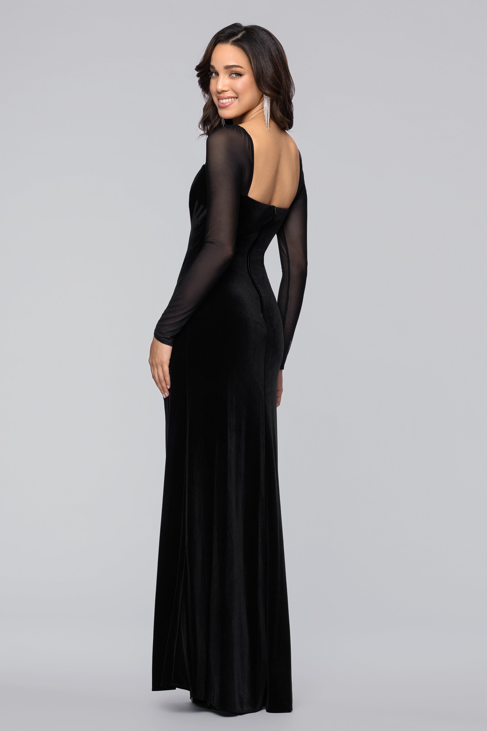 Blondie Nites Valerie Sheer Long Sleeve Floor Length Velvet Dress - Black / 15 Blondie Nites Valerie Sheer Long Sleeve Floor Length Velvet Dress - Black / 15