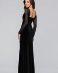 "Valerie" Sheer Long Sleeve Floor Length Velvet Dress