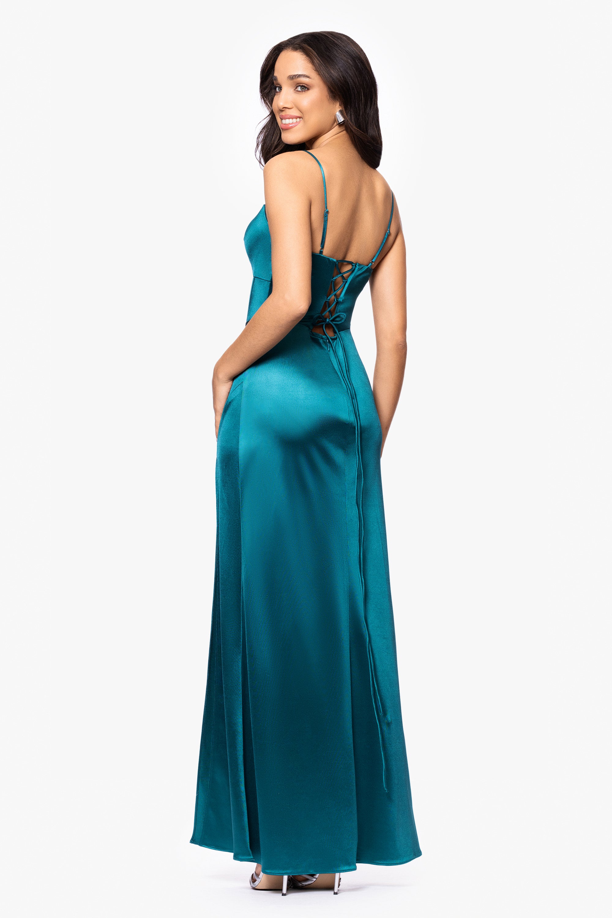 Blondie Nites Jane Long Satin Cutout Corset Dress - Teal / 11 Blondie Nites Jane Long Satin Cutout Corset Dress - Teal / 11