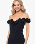 "Talia" Long Scuba Crepe Off the Shoulder Ruffle Dress