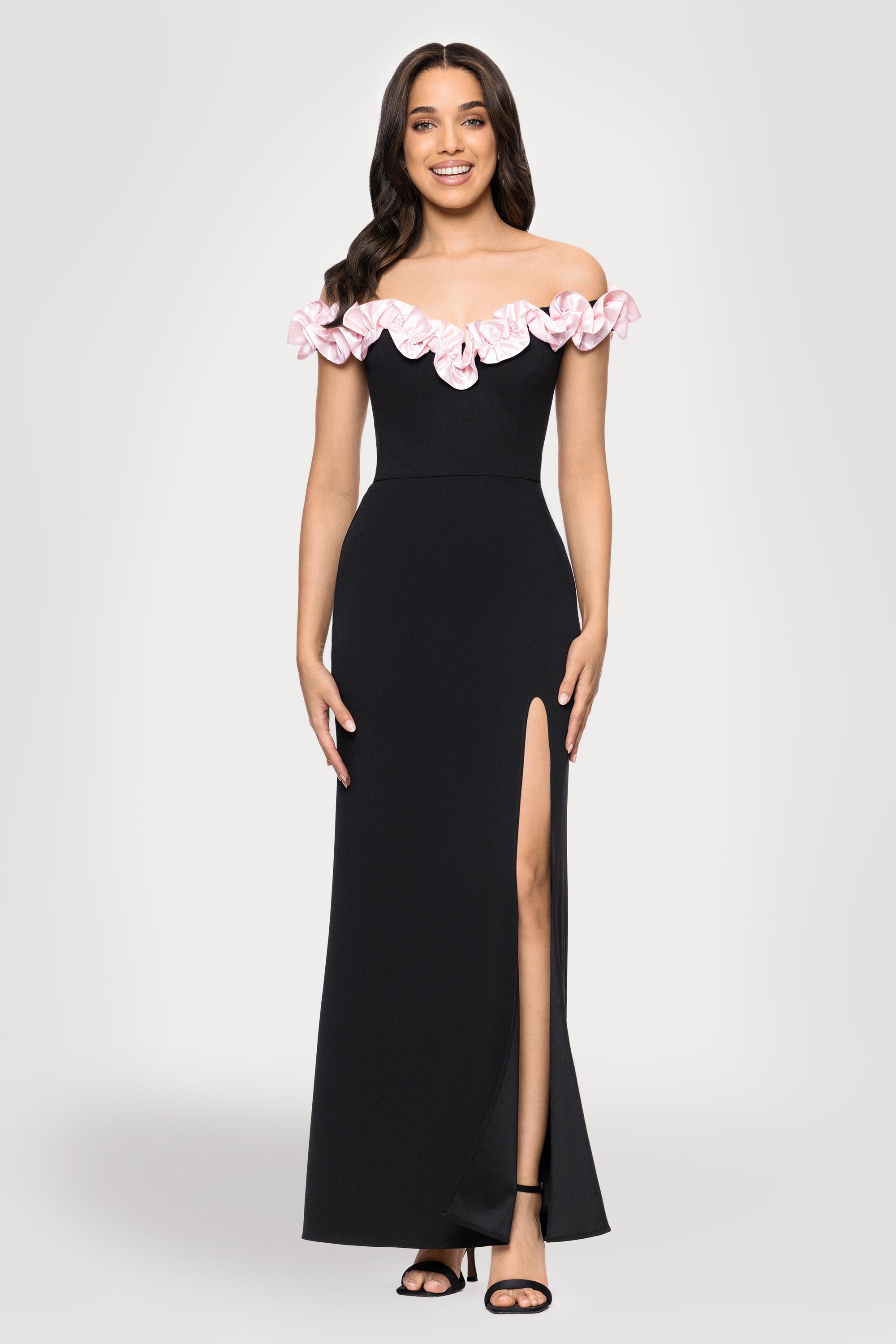 Talia Long Scuba Crepe Off the Shoulder Ruffle Dress Black / 0 Talia Long Scuba Crepe Off the Shoulder Ruffle Dress Black / 0