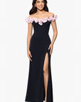 "Talia" Long Scuba Crepe Off the Shoulder Ruffle Dress