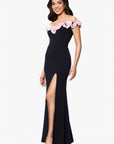 "Talia" Long Scuba Crepe Off the Shoulder Ruffle Dress
