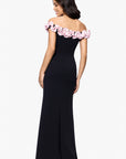 "Talia" Long Scuba Crepe Off the Shoulder Ruffle Dress