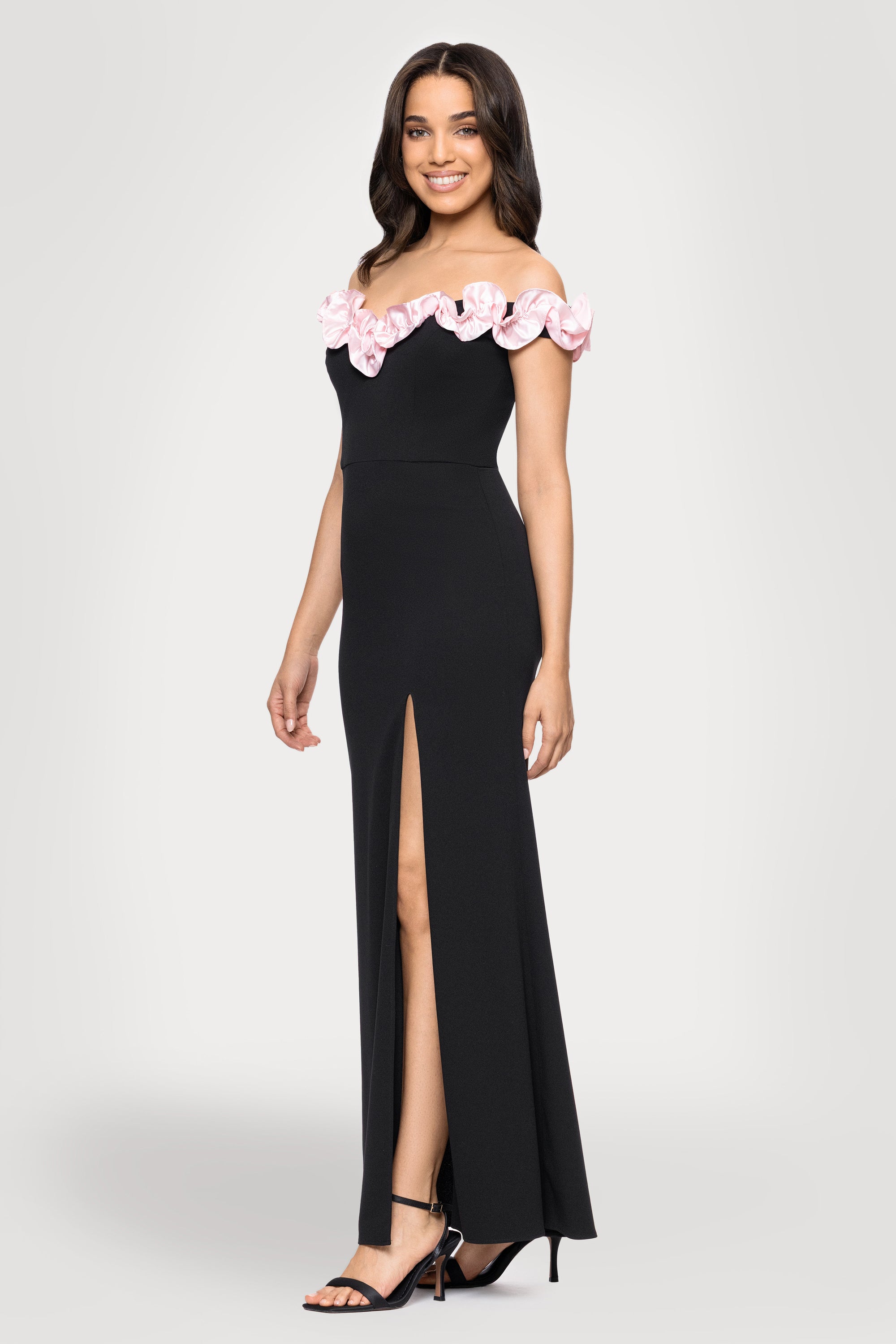 "Talia" Long Scuba Crepe Off the Shoulder Ruffle Dress