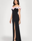 "Talia" Long Scuba Crepe Off the Shoulder Ruffle Dress