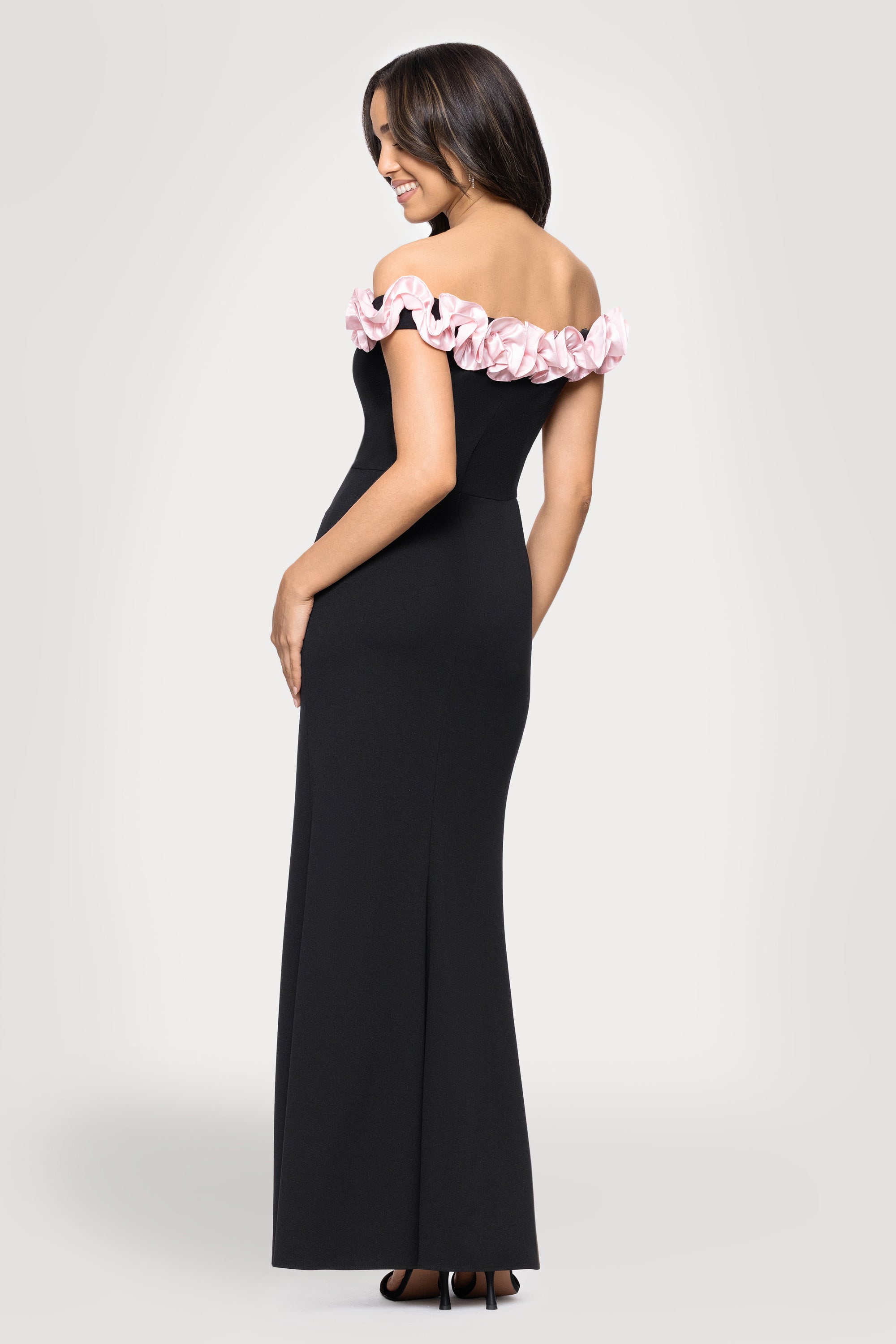 "Talia" Long Scuba Crepe Off the Shoulder Ruffle Dress