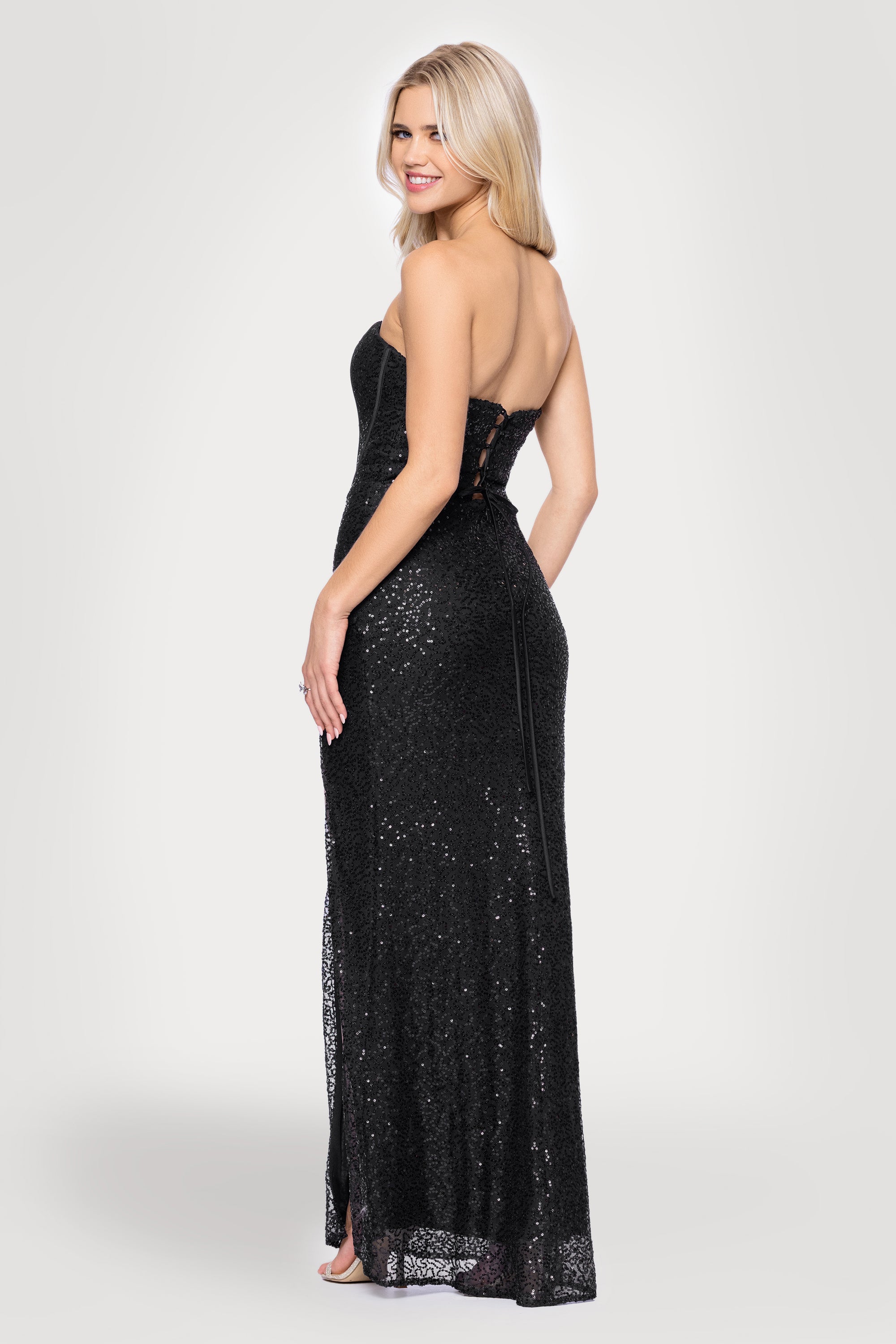 jacky glitter long sleeve corset dress in black Long Glitter Prom Dress with Lace-Up Corset Royal / 6