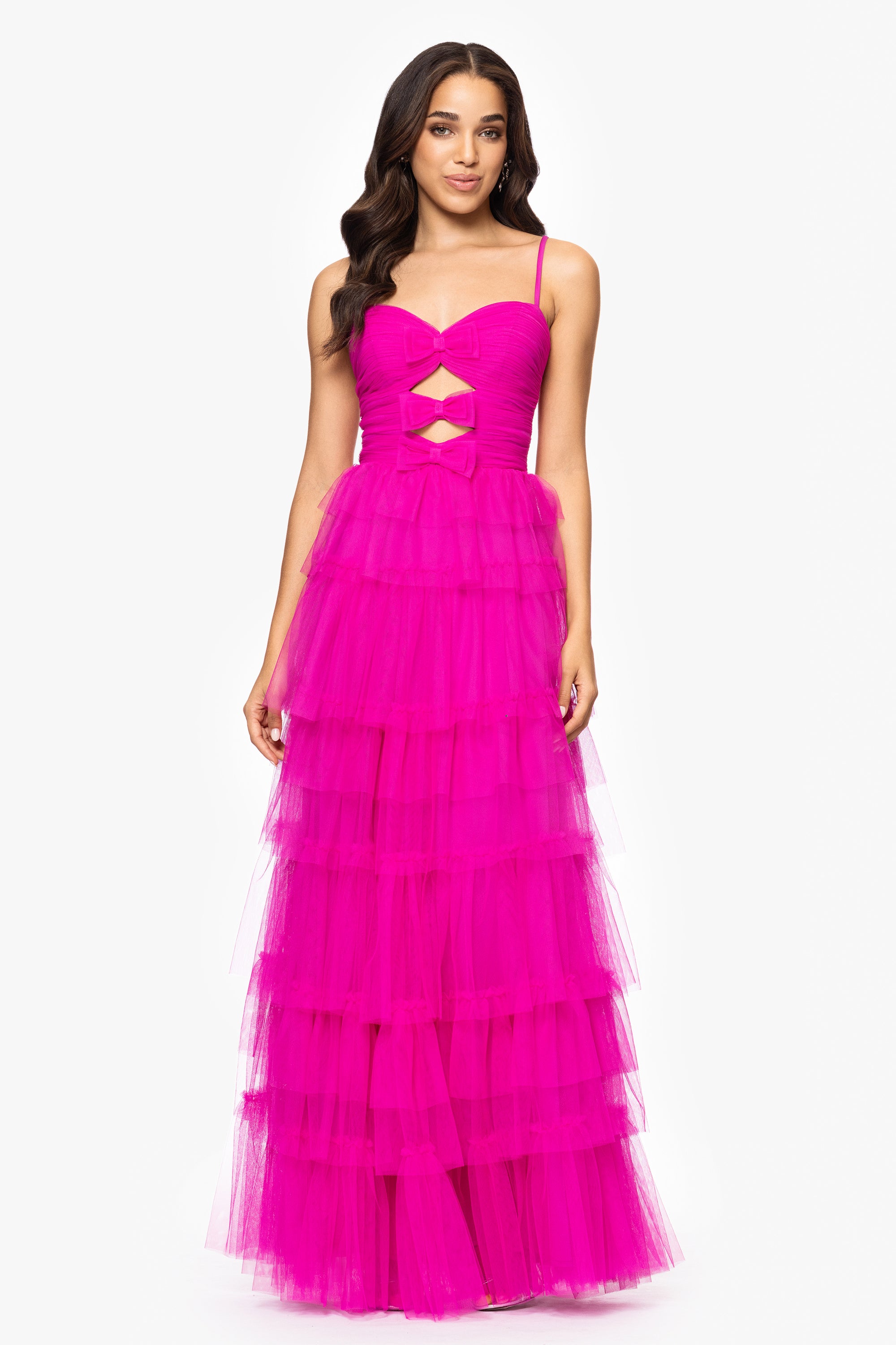 &quot;Gina&quot; Mesh Tier Bow and Ruffle Floor Length Gown