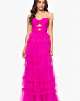 "Gina" Mesh Tier Bow and Ruffle Floor Length Gown