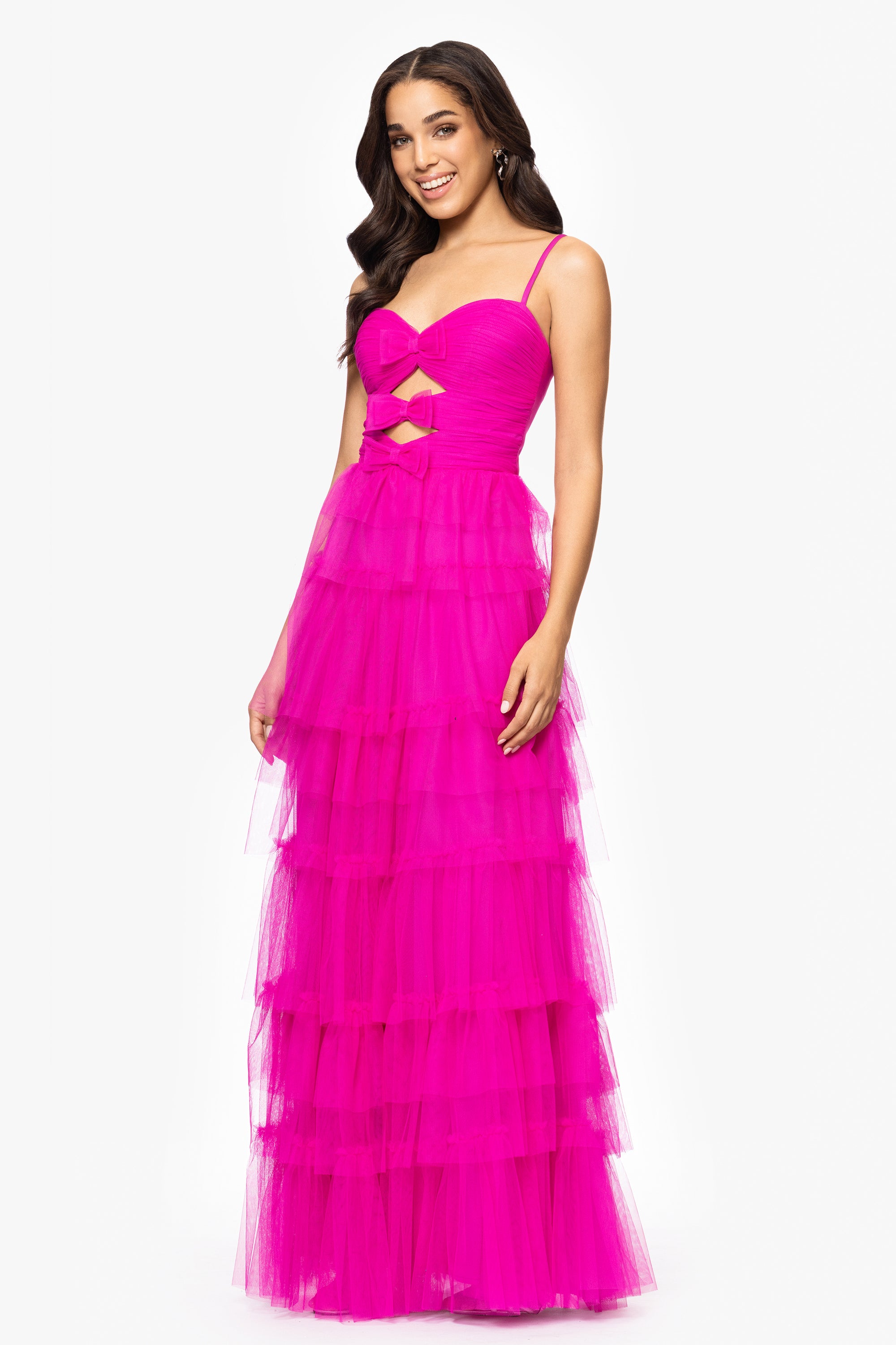 &quot;Gina&quot; Mesh Tier Bow and Ruffle Floor Length Gown