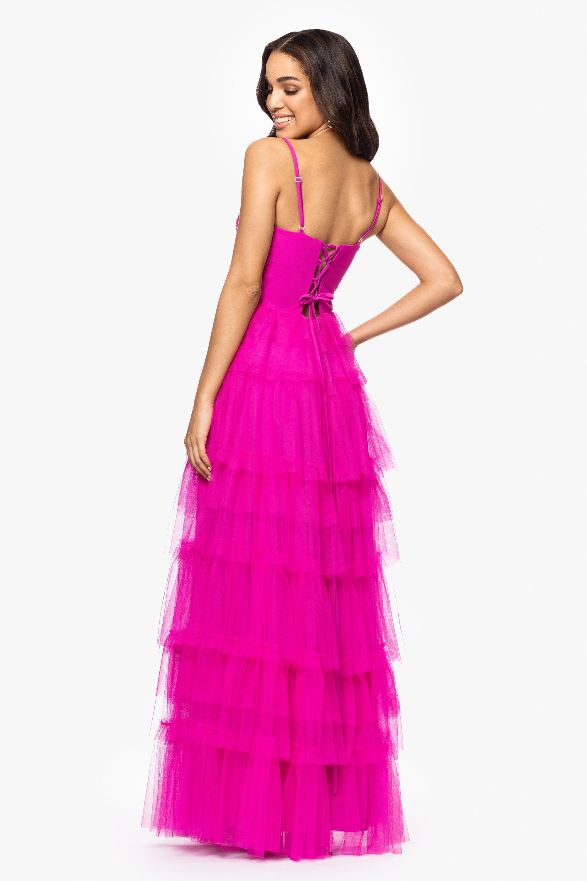 &quot;Gina&quot; Mesh Tier Bow and Ruffle Floor Length Gown