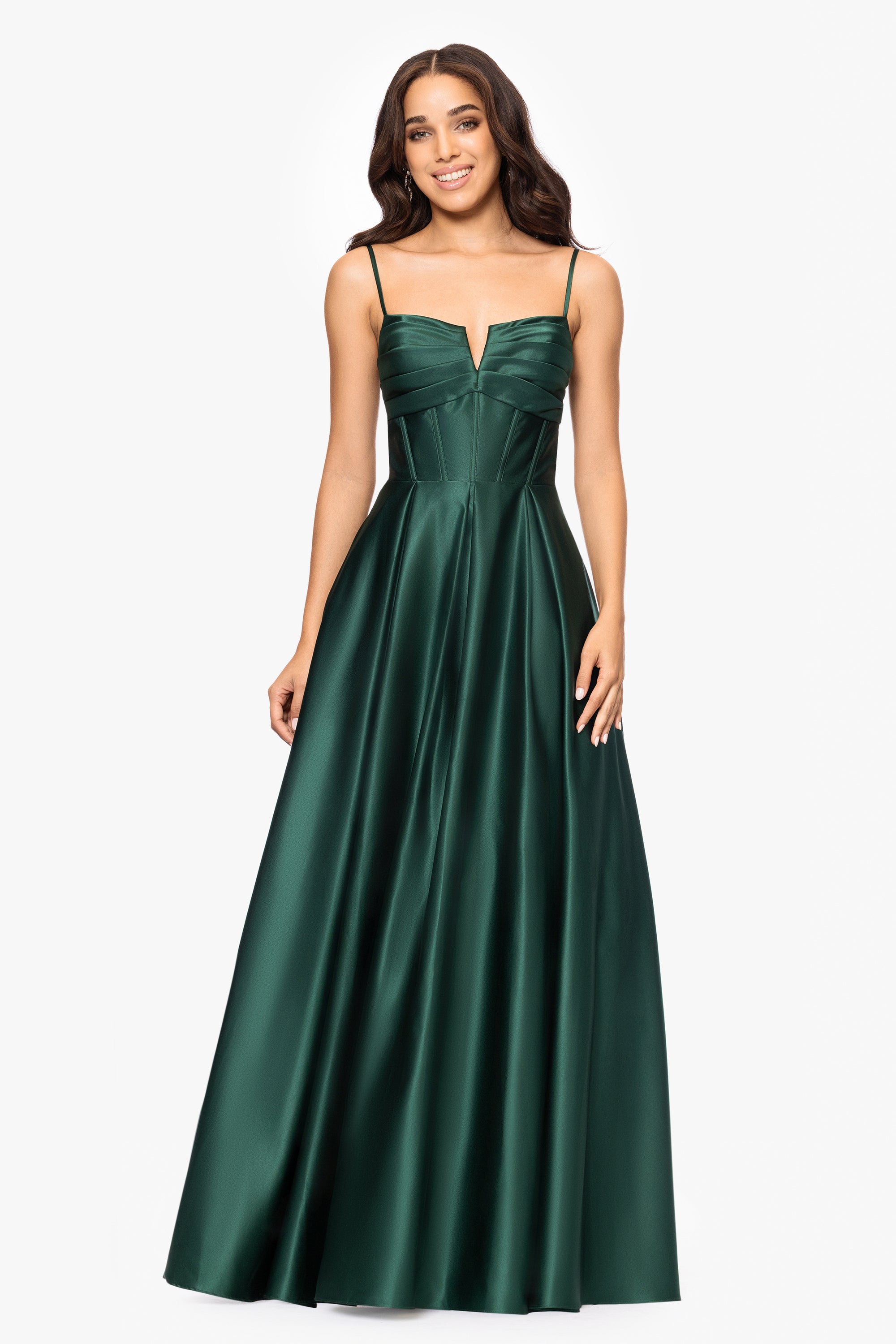 &quot;Kaylin&quot; Satin Spaghetti Strap V-Neck Floor Length Dress