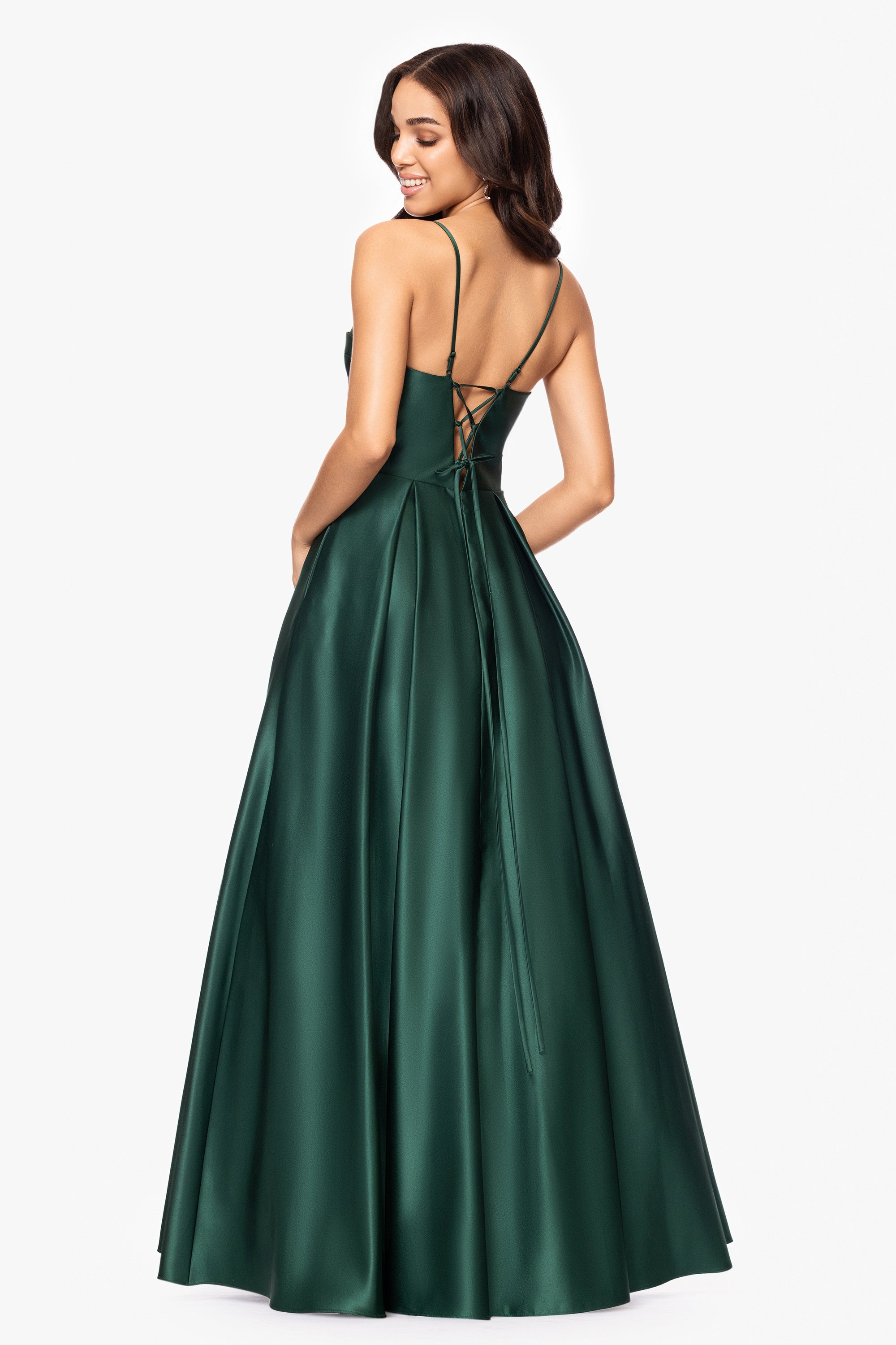 &quot;Kaylin&quot; Satin Spaghetti Strap V-Neck Floor Length Dress