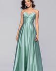 "Kaylin" Satin Spaghetti Strap V-Neck Floor Length Dress