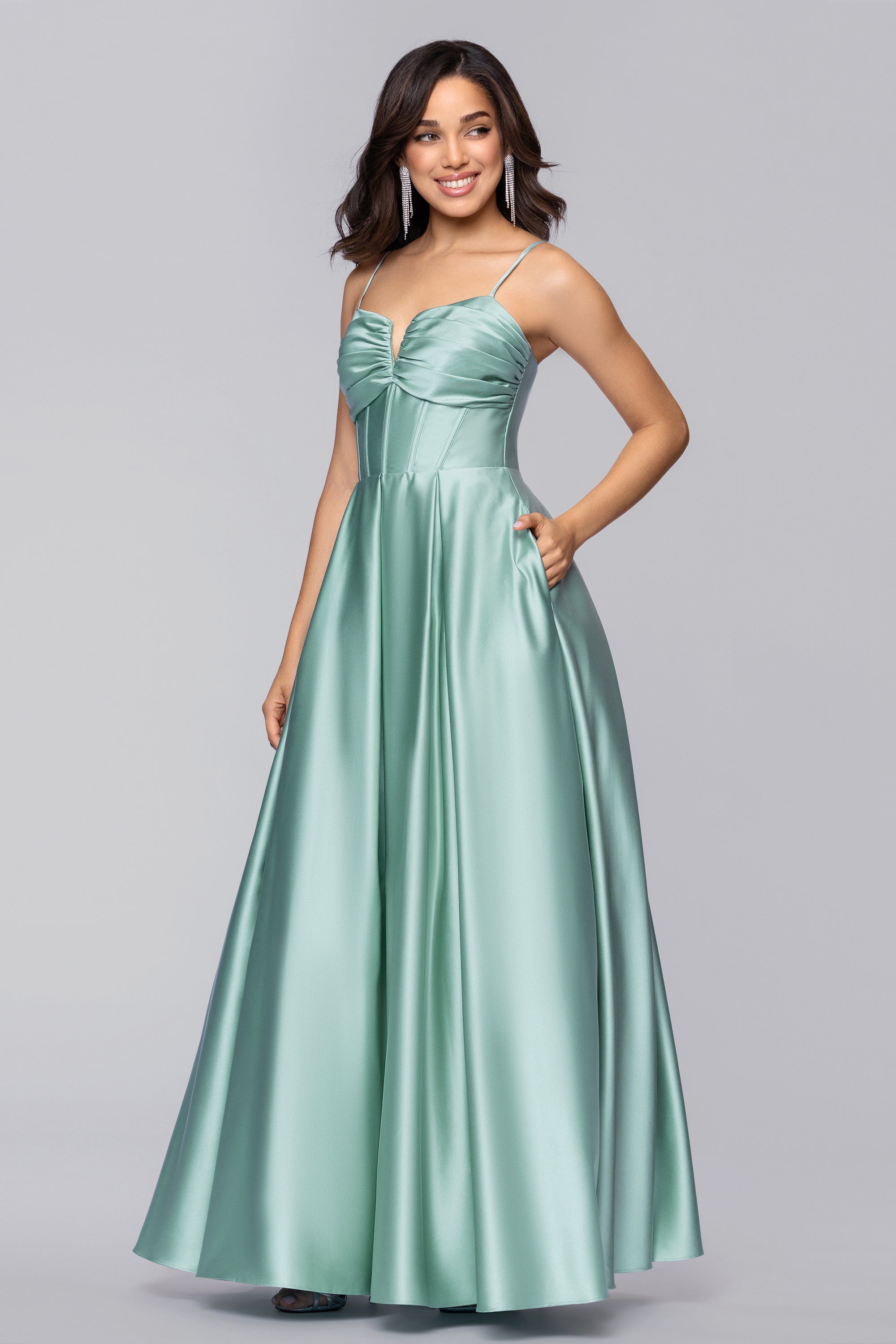 Kaylin Satin Spaghetti Strap V-Neck Floor Length Dress | Blondie Nites Seafoam / 5 Kaylin Satin Spaghetti Strap V-Neck Floor Length Dress | Blondie Nites Seafoam / 5