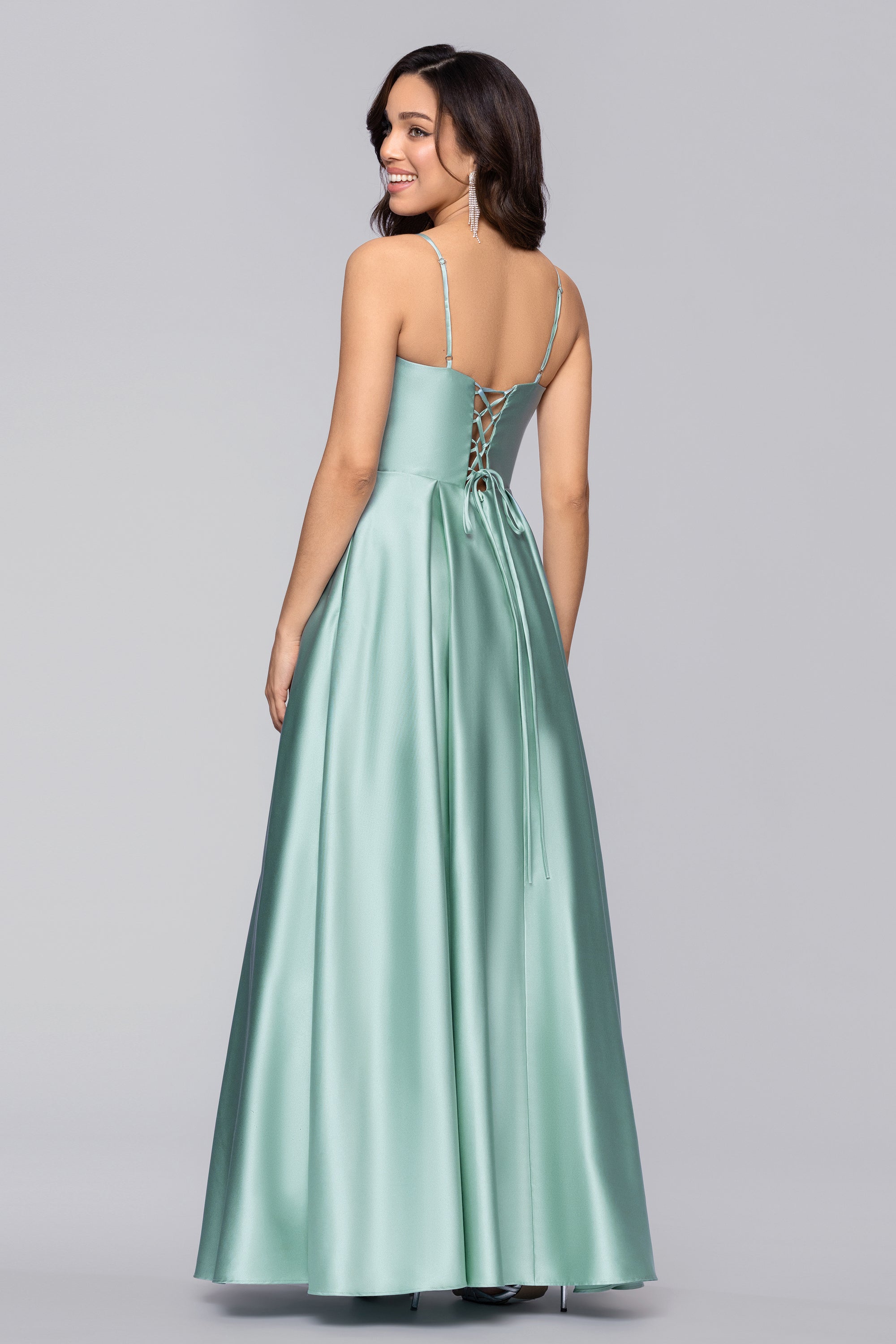 Kaylin Satin Spaghetti Strap V-Neck Floor Length Dress | Blondie Nites Seafoam / 5 Kaylin Satin Spaghetti Strap V-Neck Floor Length Dress | Blondie Nites Seafoam / 5