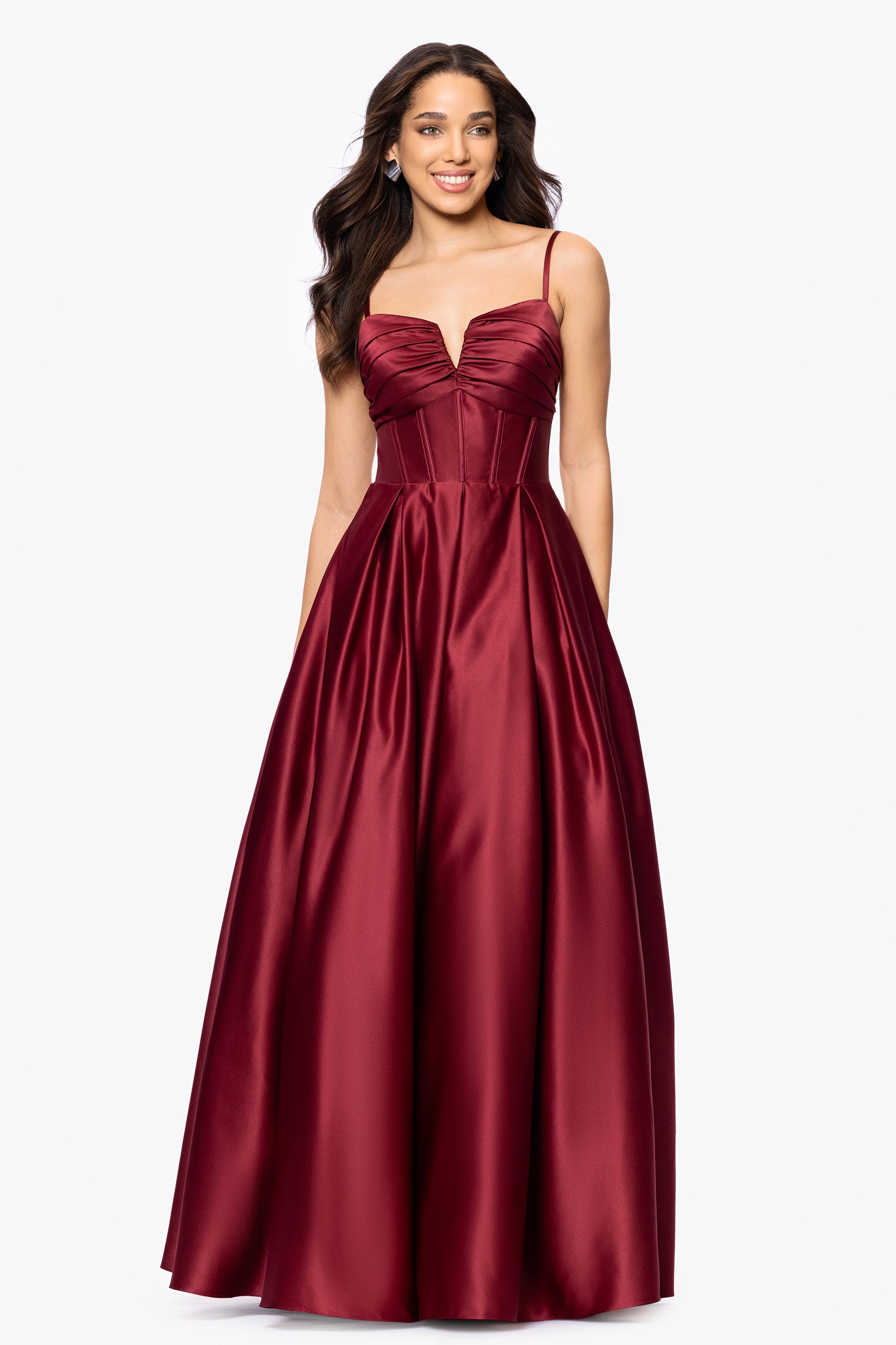 &quot;Kaylin&quot; Satin Spaghetti Strap V-Neck Floor Length Dress