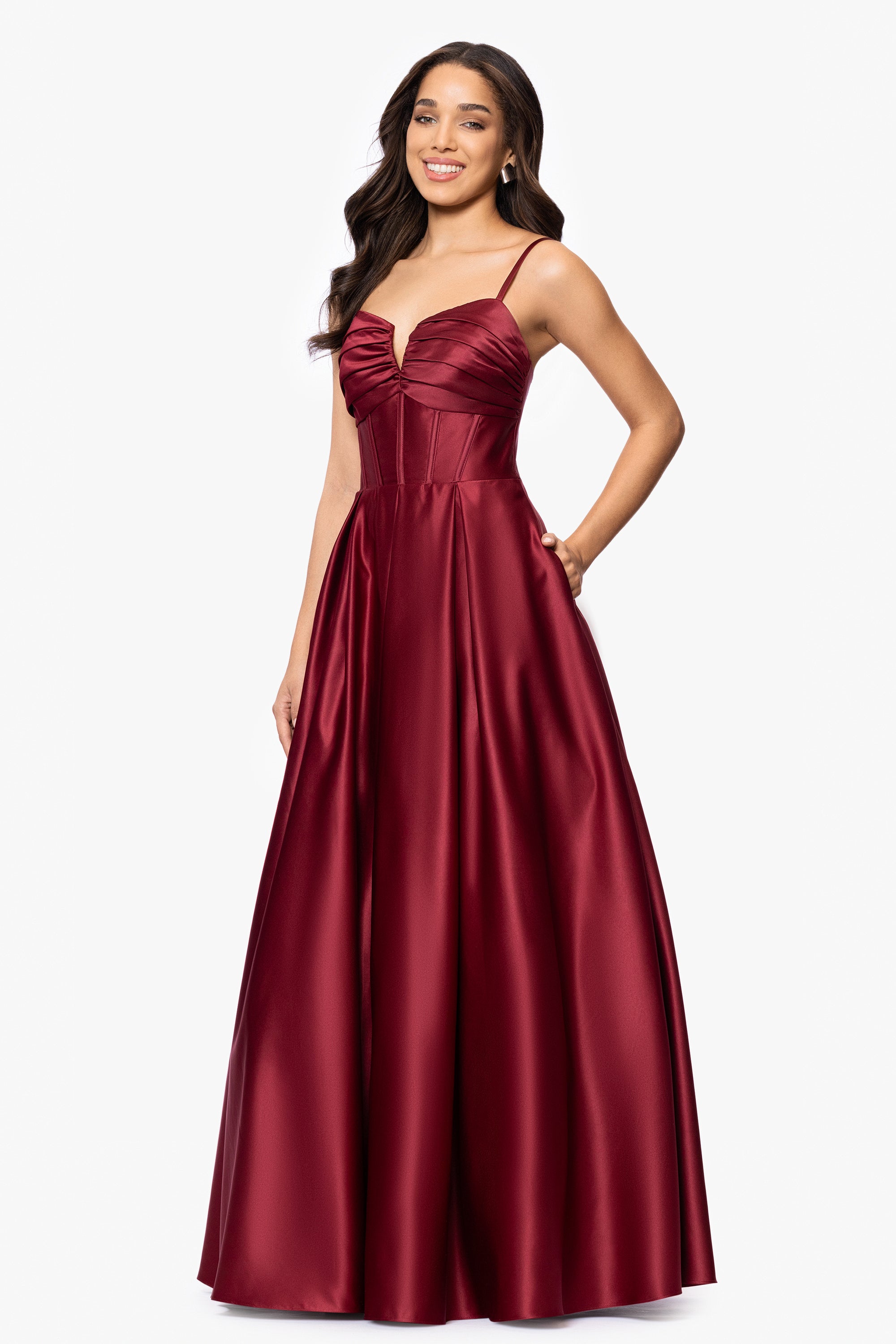 &quot;Kaylin&quot; Satin Spaghetti Strap V-Neck Floor Length Dress