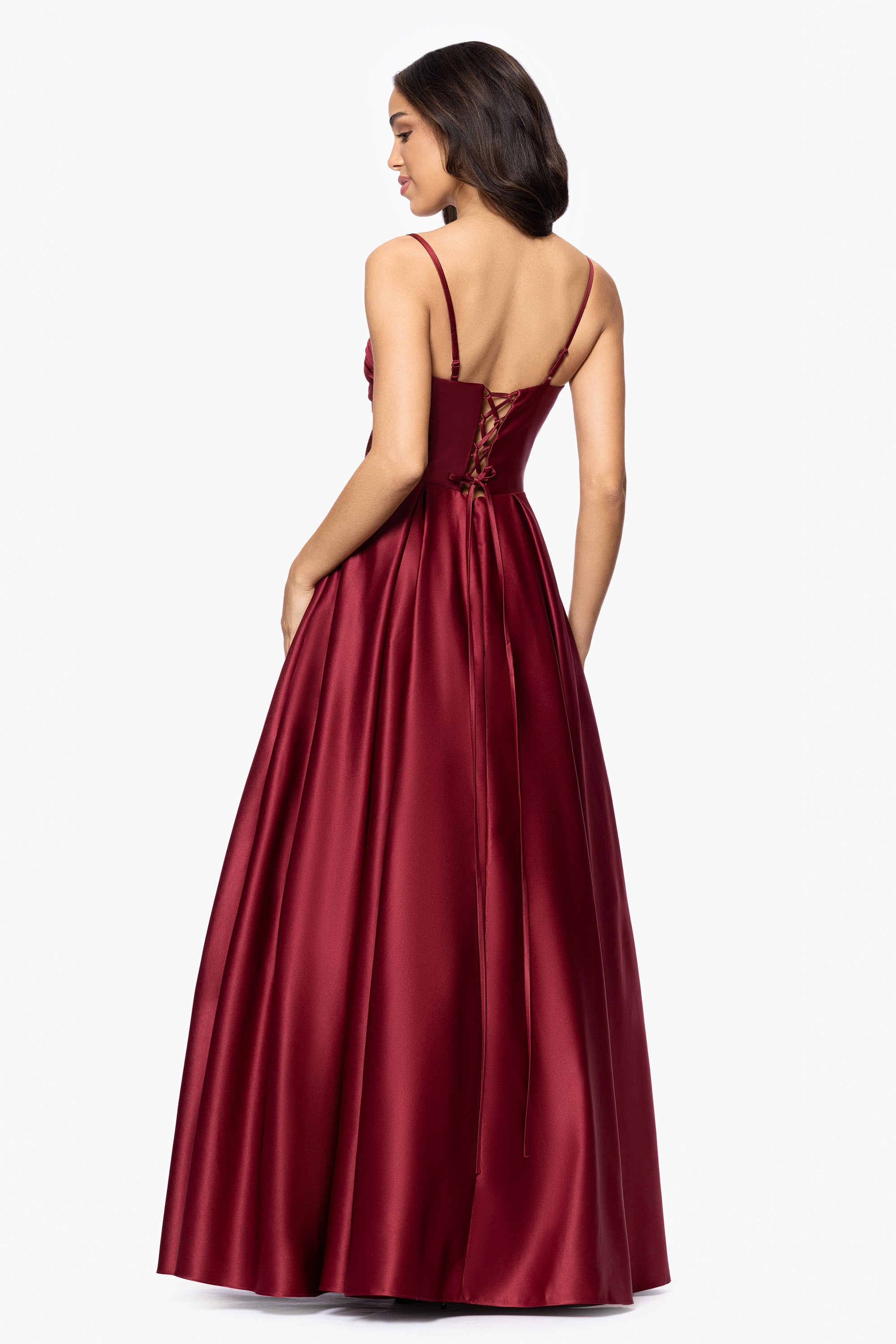 &quot;Kaylin&quot; Satin Spaghetti Strap V-Neck Floor Length Dress