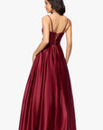 "Kaylin" Satin Spaghetti Strap V-Neck Floor Length Dress