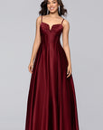 "Kaylin" Satin Spaghetti Strap V-Neck Floor Length Dress
