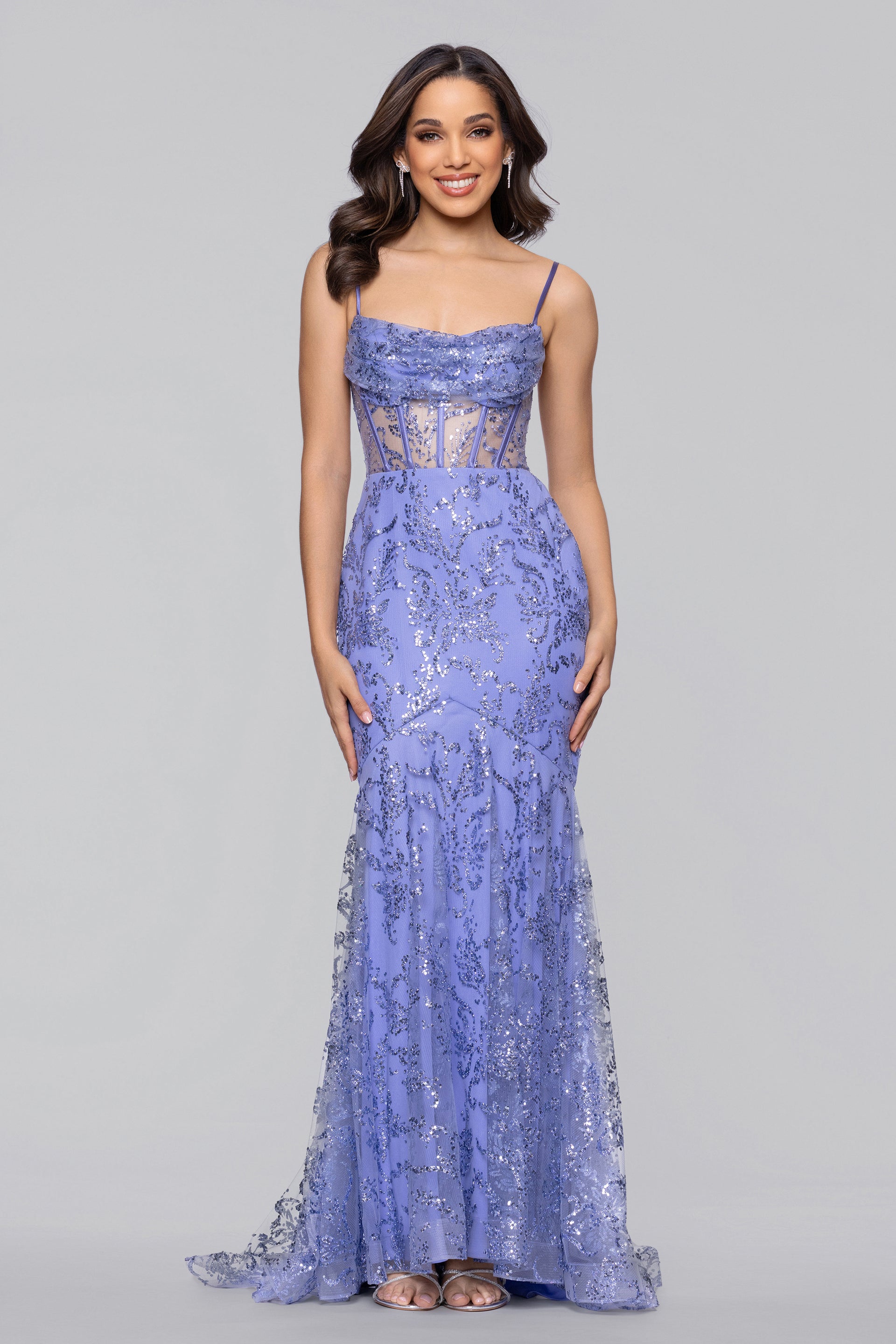 Juniors Blondie Nites Glitter Mesh Corset Sheath Dress 9 Periwinkle | Boscov's