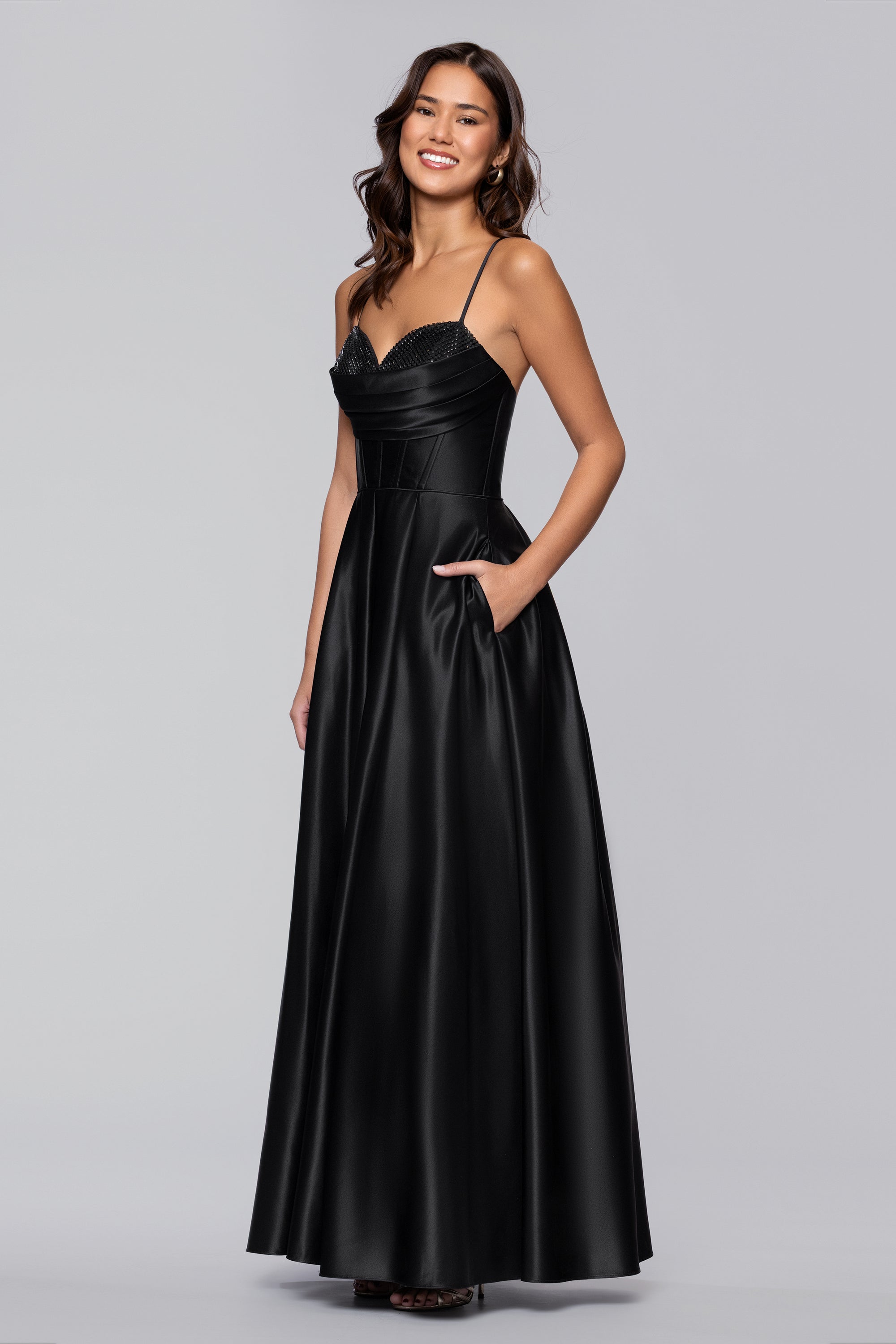 Leah Satin Stone Cowl Neck Floor Length Gown Hunter / 15 Leah Satin Stone Cowl Neck Floor Length Gown Hunter / 15