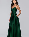 "Leah" Satin Stone Cowl Neck Floor Length Gown