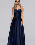"Leah" Satin Stone Cowl Neck Floor Length Gown