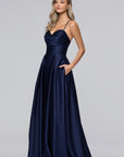 "Leah" Satin Stone Cowl Neck Floor Length Gown