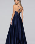 "Leah" Satin Stone Cowl Neck Floor Length Gown