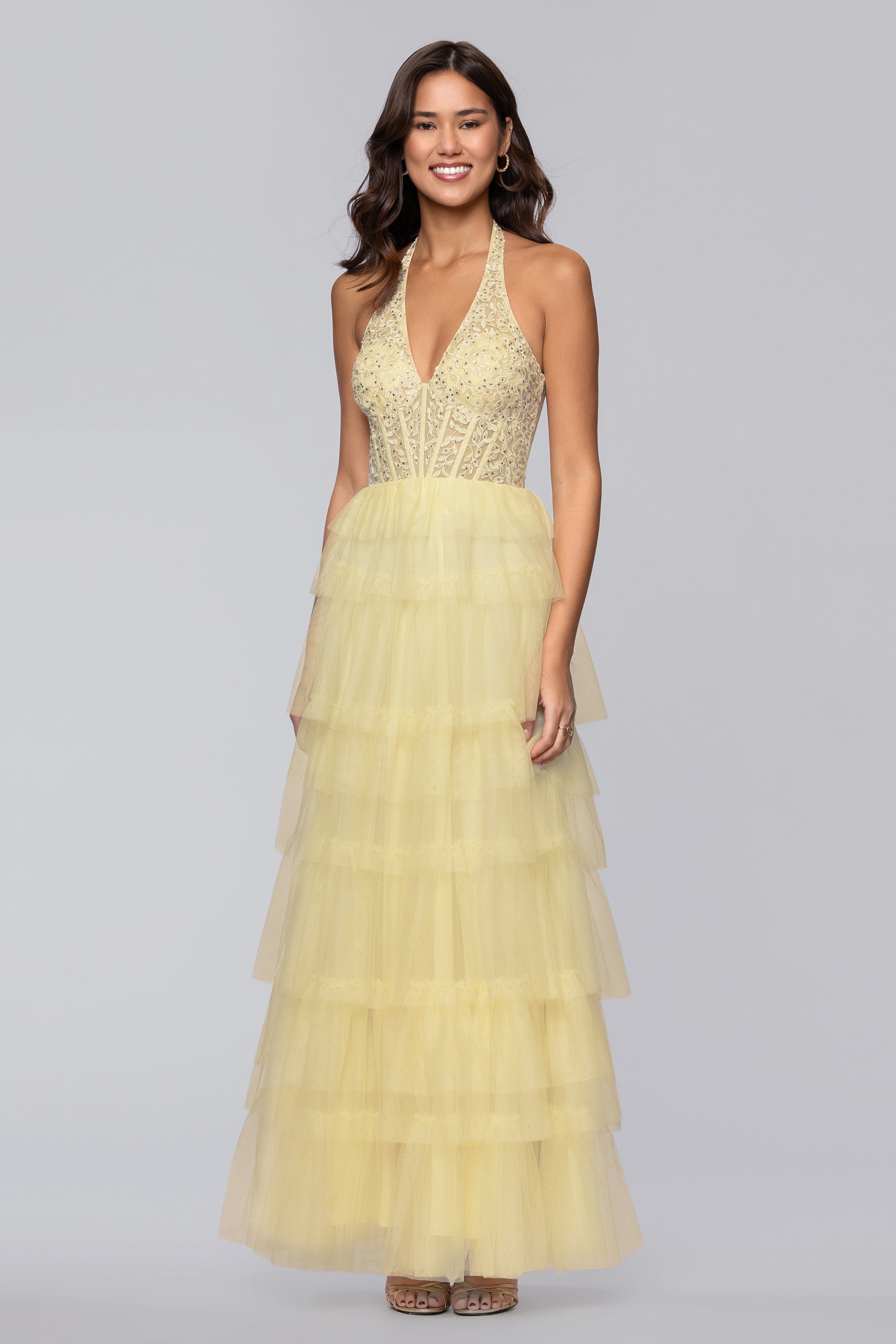 Velma" Long Mesh Halter Neck Applique and Ruffle Skirt Dress Blondie Nites Velma" Long Mesh Halter Neck Applique and Ruffle Skirt Dress Blondie Nites