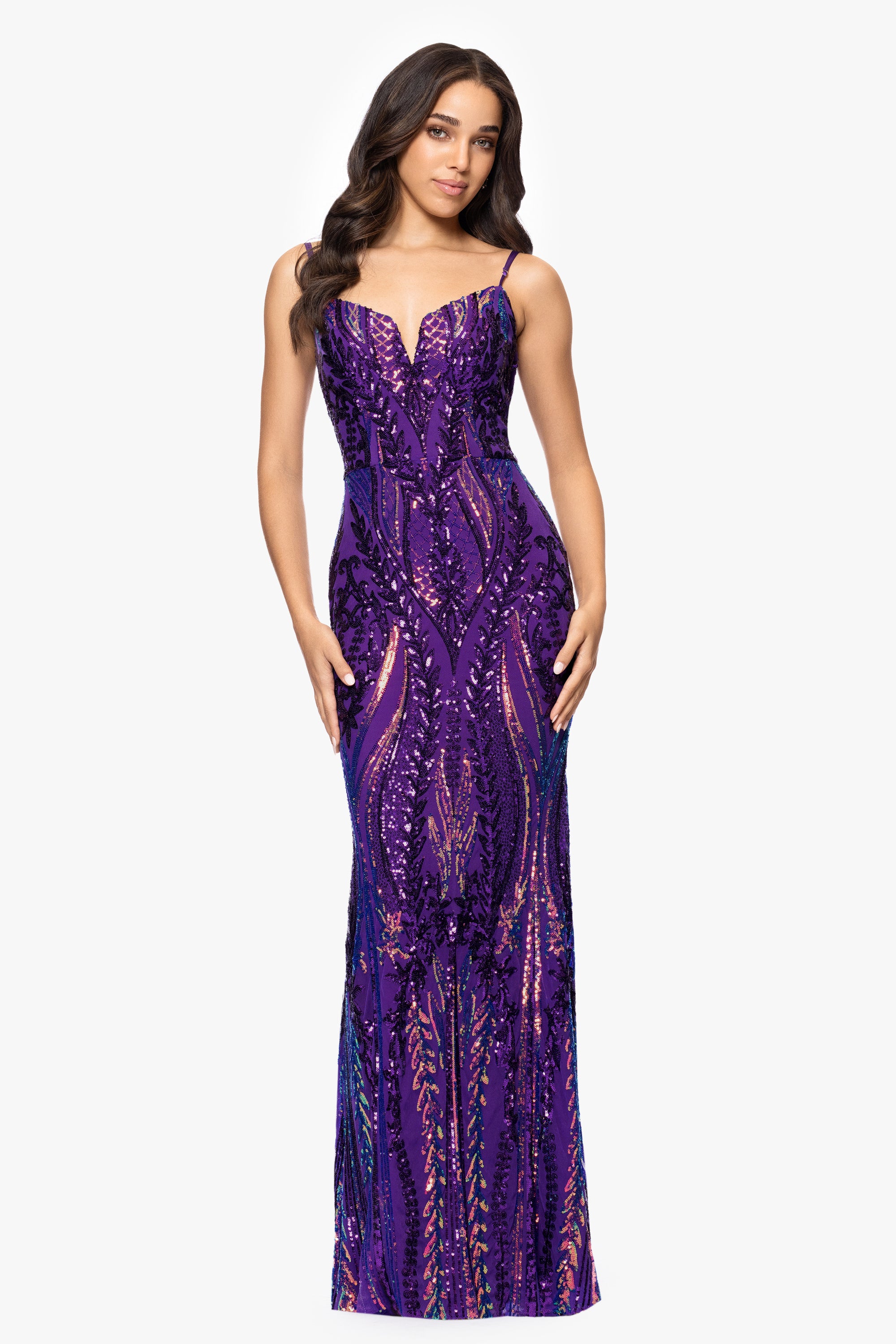 Christine Spaghetti Strap Floor Length Sequin Dress Purple/Multi / 5 Christine Spaghetti Strap Floor Length Sequin Dress Purple/Multi / 5
