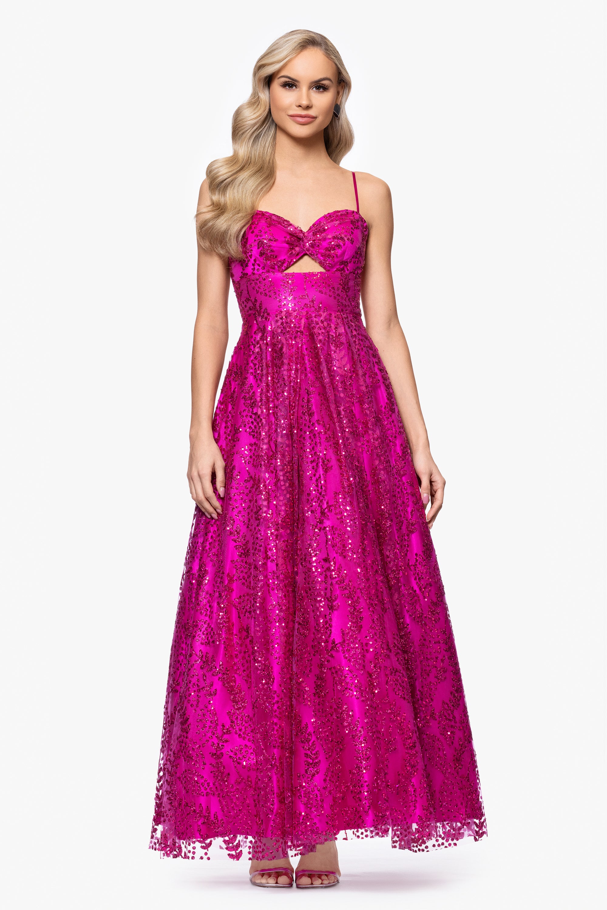 &quot;Anya&quot; Long Glitter Mesh Keyhole Cutout Ballgown