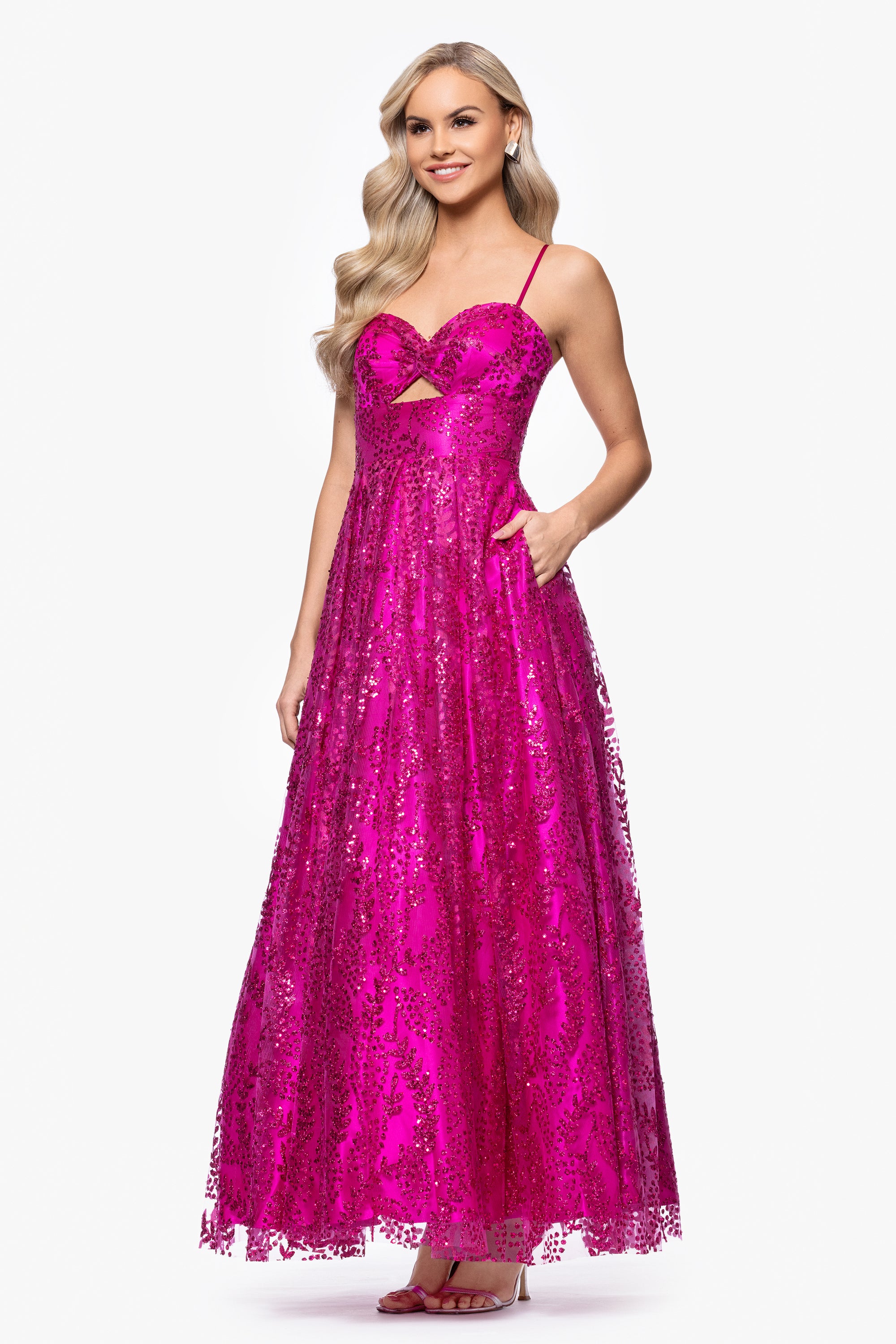 &quot;Anya&quot; Long Glitter Mesh Keyhole Cutout Ballgown