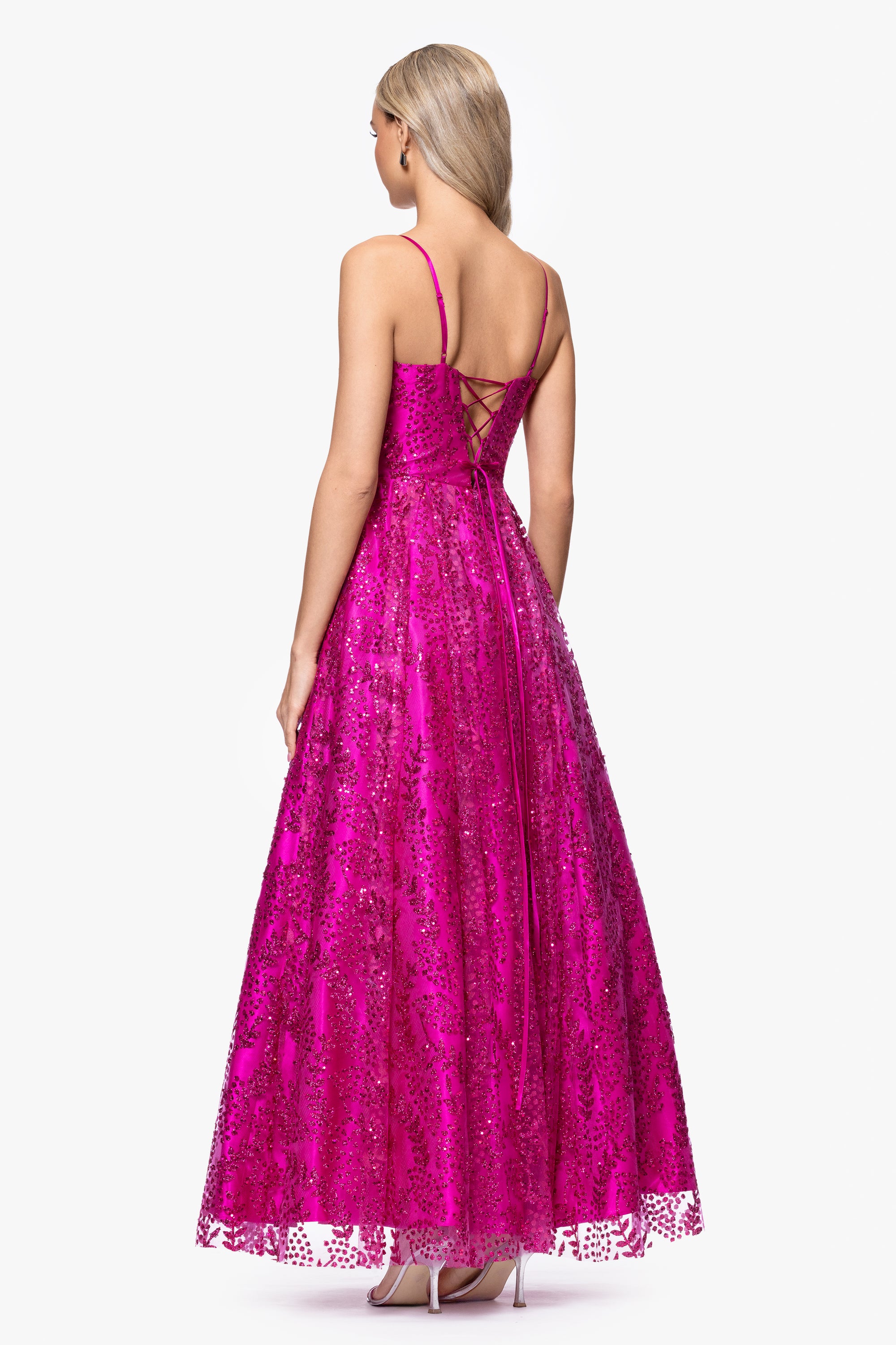 &quot;Anya&quot; Long Glitter Mesh Keyhole Cutout Ballgown