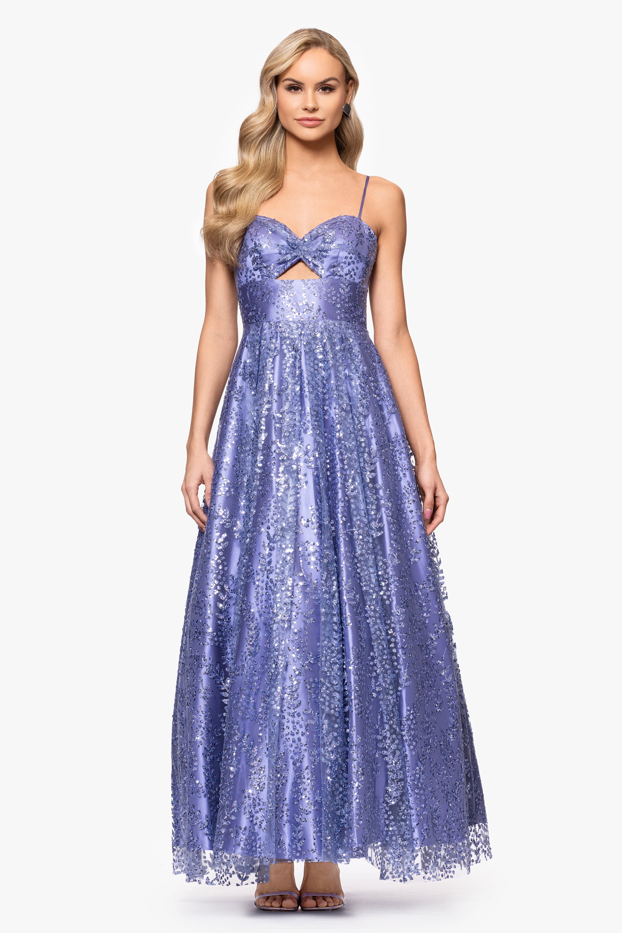 &quot;Anya&quot; Long Glitter Mesh Keyhole Cutout Ballgown