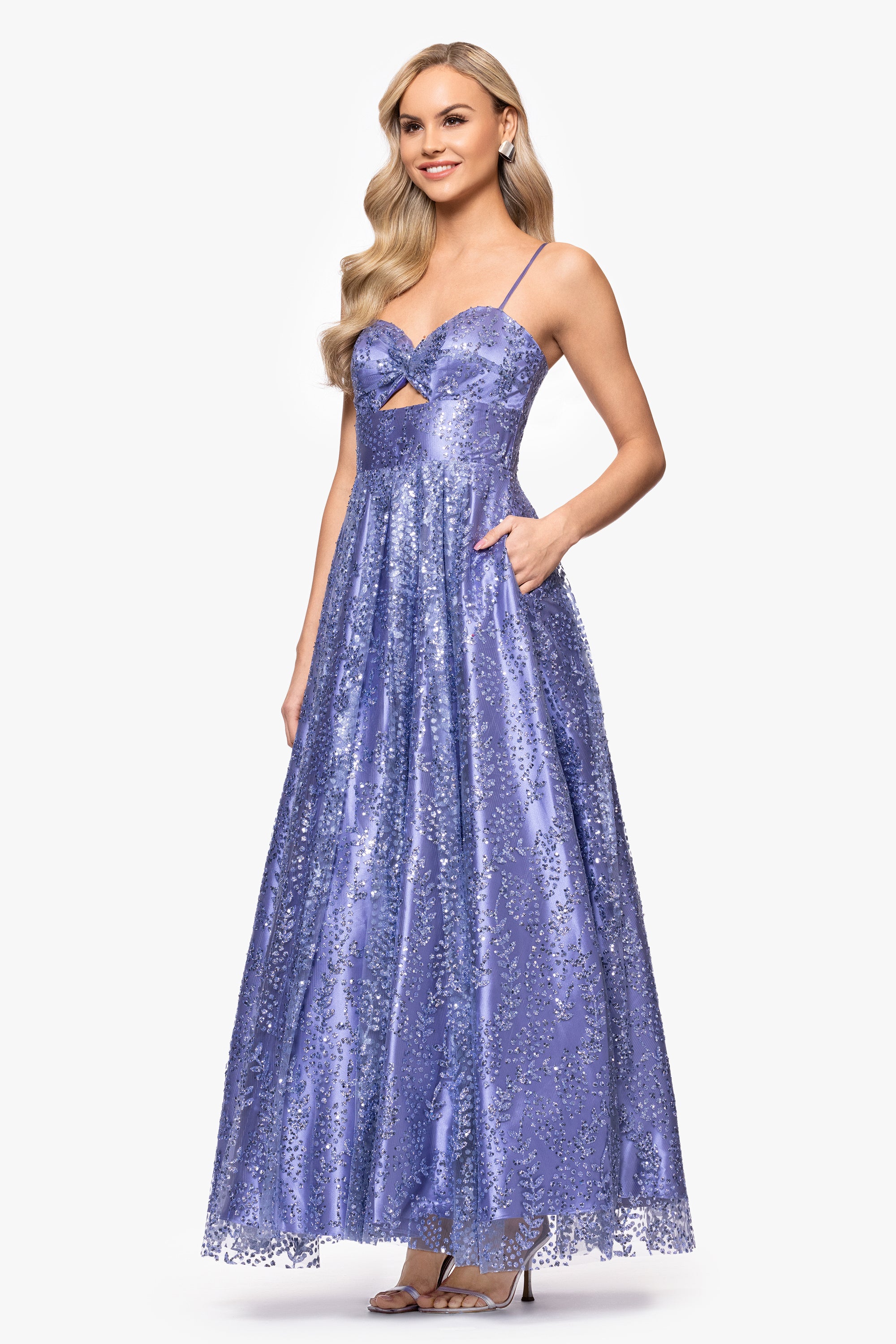 &quot;Anya&quot; Long Glitter Mesh Keyhole Cutout Ballgown